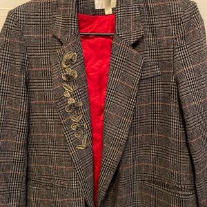 Plaid Blazer with Embroidered Lapel